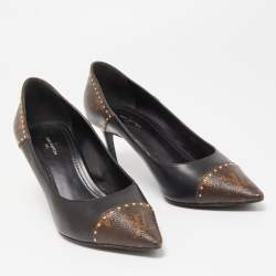 Louis Vuitton Brown/Black Leather and Monogram Canvas Studded Cap Toe Pumps Size 37