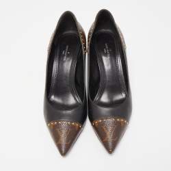 Louis Vuitton Brown/Black Leather and Monogram Canvas Studded Cap Toe Pumps Size 37