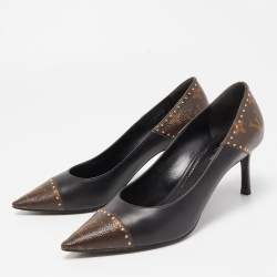 Louis Vuitton Brown/Black Leather and Monogram Canvas Studded Cap Toe Pumps Size 37