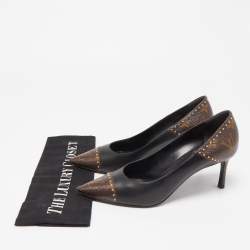 Louis Vuitton Brown/Black Leather and Monogram Canvas Studded Cap Toe Pumps Size 37