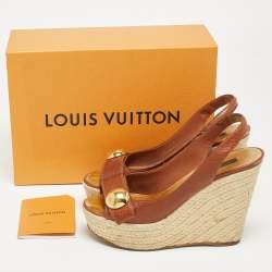 Pre Owned Louis Vuitton Brown Leather Wedge Platform Espadrille Slingback Sandals Size 39.5