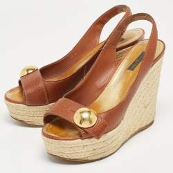 Pre Owned Louis Vuitton Brown Leather Wedge Platform Espadrille Slingback Sandals Size 39.5