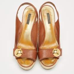 Pre Owned Louis Vuitton Brown Leather Wedge Platform Espadrille Slingback Sandals Size 39.5