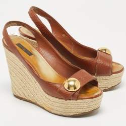 Pre Owned Louis Vuitton Brown Leather Wedge Platform Espadrille Slingback Sandals Size 39.5