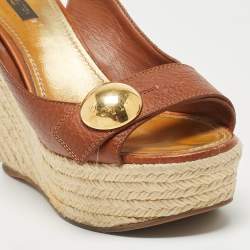Pre Owned Louis Vuitton Brown Leather Wedge Platform Espadrille Slingback Sandals Size 39.5