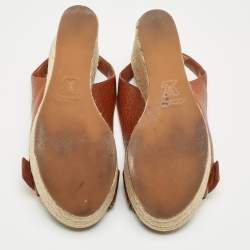Pre Owned Louis Vuitton Brown Leather Wedge Platform Espadrille Slingback Sandals Size 39.5