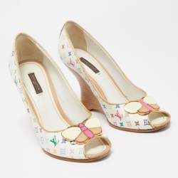 Pre Owned Louis Vuitton Multicolor Leather Peep Toe Wedge Pumps Size 38