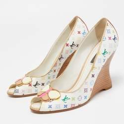 Pre Owned Louis Vuitton Multicolor Leather Peep Toe Wedge Pumps Size 38