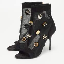 Louis Vuitton Black Mesh and Suede Embellished Open Toe Booties Size 39