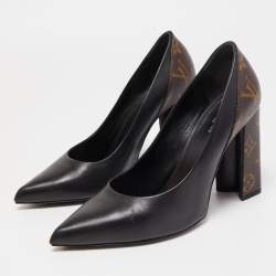New LOUIS VUITTON Brown Monogram Black Leather Low Heel Pumps Shoes 39, 8.5