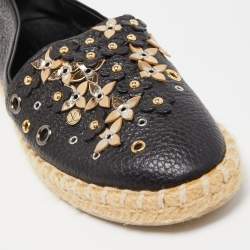 Pre Owned Louis Vuitton Black Leather Tropical Bloom Espadrille Flats Size 37.5