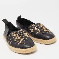 Pre Owned Louis Vuitton Black Leather Tropical Bloom Espadrille Flats Size 37.5