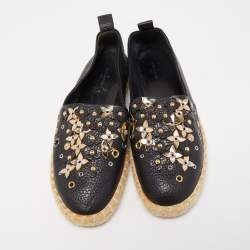 Pre Owned Louis Vuitton Black Leather Tropical Bloom Espadrille Flats Size 37.5