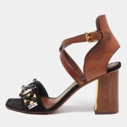 Pre Owned Louis Vuitton Black/Brown Leather and Suede Ankle Strap Sandals Size 39.5