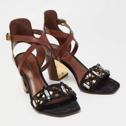 Pre Owned Louis Vuitton Black/Brown Leather and Suede Ankle Strap Sandals Size 39.5