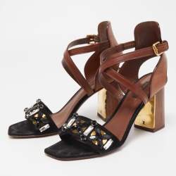 Pre Owned Louis Vuitton Black/Brown Leather and Suede Ankle Strap Sandals Size 39.5
