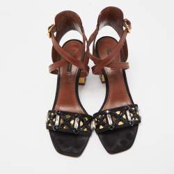 Pre Owned Louis Vuitton Black/Brown Leather and Suede Ankle Strap Sandals Size 39.5