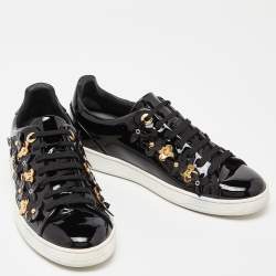 Louis Vuitton Black Patent Leather Blossom Floral Embellished Frontrow Sneakers Size 36