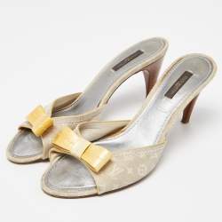 Louis Vuitton Grey/Yellow Monogram Canvas and Patent Leather Bow Slide Sandals Size 39.5