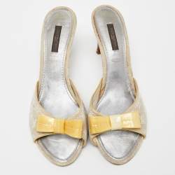 Louis Vuitton Grey/Yellow Monogram Canvas and Patent Leather Bow Slide Sandals Size 39.5