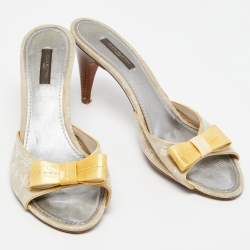 Louis Vuitton Grey/Yellow Monogram Canvas and Patent Leather Bow Slide Sandals Size 39.5