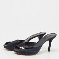 Pre Owned Louis Vuitton Navy Blue Suede Bow Slide Sandals Size 38