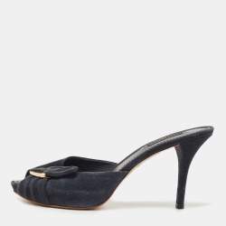 Pre Owned Louis Vuitton Navy Blue Suede Bow Slide Sandals Size 38