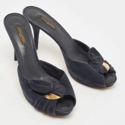 Pre Owned Louis Vuitton Navy Blue Suede Bow Slide Sandals Size 38