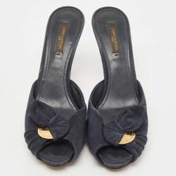 Pre Owned Louis Vuitton Navy Blue Suede Bow Slide Sandals Size 38