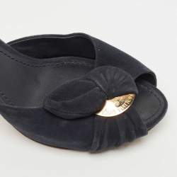Pre Owned Louis Vuitton Navy Blue Suede Bow Slide Sandals Size 38