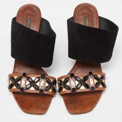 مملوكة مسبقًا Louis Vuitton Brown Suede and Leather Embellished Slide Sandals Size 38
