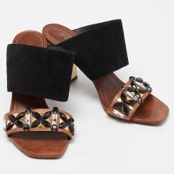مملوكة مسبقًا Louis Vuitton Brown Suede and Leather Embellished Slide Sandals Size 38