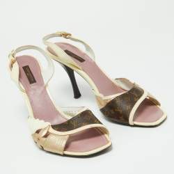 Pre Owned Louis Vuitton Cream/Brown Monogram Patent and Leather Slingback Sandals Size 41