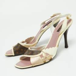 Pre Owned Louis Vuitton Cream/Brown Monogram Patent and Leather Slingback Sandals Size 41
