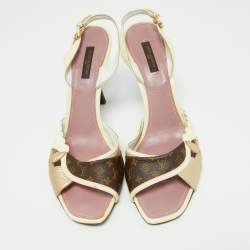 Pre Owned Louis Vuitton Cream/Brown Monogram Patent and Leather Slingback Sandals Size 41