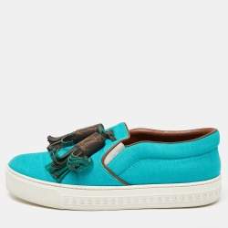 Louis Vuitton Turquoise Twill Fabric and Monogram Canvas Destination Slip  On Sneakers Size 37 Louis Vuitton