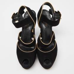 Pre Owned Louis Vuitton Black Suede Mowani Platform Ankle-Strap Sandals Size 38