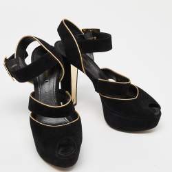 Pre Owned Louis Vuitton Black Suede Mowani Platform Ankle-Strap Sandals Size 38