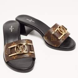 Pre Owned Louis Vuitton Brown Monogram Canvas Lock It Slide Sandals Size 37.5