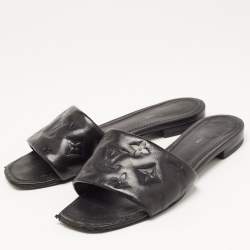 Pre Owned Louis Vuitton Black Monogram Embossed Leather Revival Flat Slides Size 37.5
