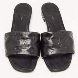 Pre Owned Louis Vuitton Black Monogram Embossed Leather Revival Flat Slides Size 37.5