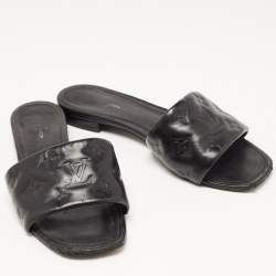 Pre Owned Louis Vuitton Black Monogram Embossed Leather Revival Flat Slides Size 37.5
