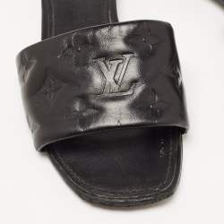 Pre Owned Louis Vuitton Black Monogram Embossed Leather Revival Flat Slides Size 37.5