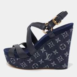 Louis Vuitton Blue/Beige Monogram Denim and Leather Espadrille Slingback  Wedge For Sale at 1stDibs