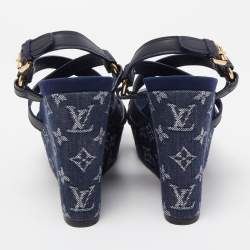 Pre Owned Louis Vuitton Blue Denim And Leather Ocean Criss Cross Wedge Sandals Size 38.5