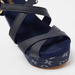 Pre Owned Louis Vuitton Blue Denim And Leather Ocean Criss Cross Wedge Sandals Size 38.5