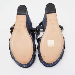 Pre Owned Louis Vuitton Blue Denim And Leather Ocean Criss Cross Wedge Sandals Size 38.5