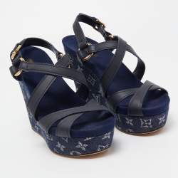 Pre Owned Louis Vuitton Blue Denim And Leather Ocean Criss Cross Wedge Sandals Size 38.5