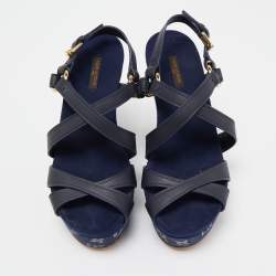 Pre Owned Louis Vuitton Blue Denim And Leather Ocean Criss Cross Wedge Sandals Size 38.5