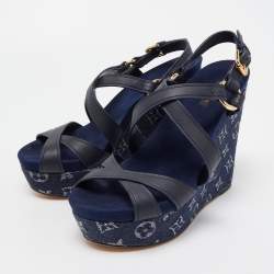 Pre Owned Louis Vuitton Blue Denim And Leather Ocean Criss Cross Wedge Sandals Size 38.5